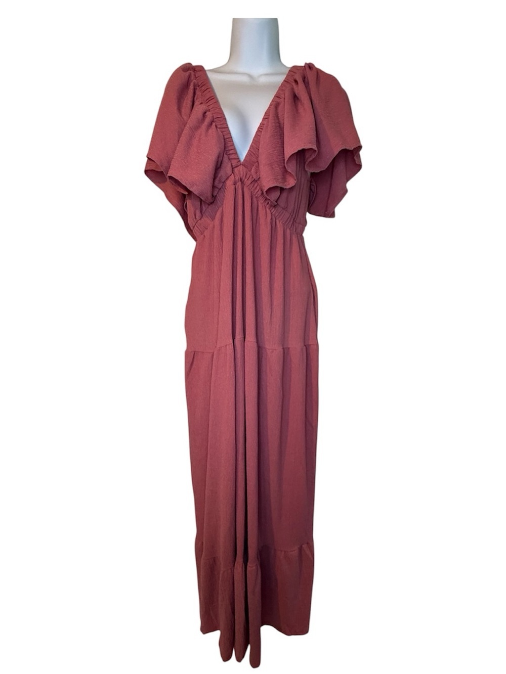 Pink Maxi Dress V-Neck Scoop Back Ruffle Sleeves NWOT